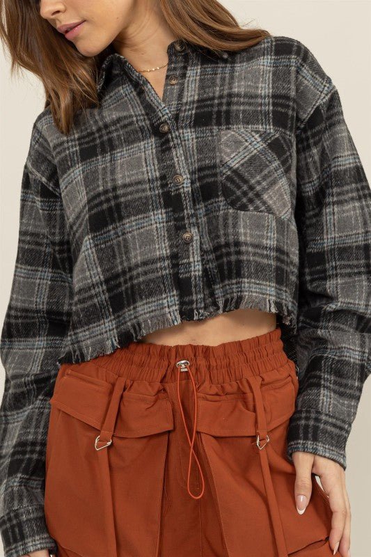 Plaid Play Cropped Shacket - Golden Hour BoutiqueLong Sleeve Crop Tops