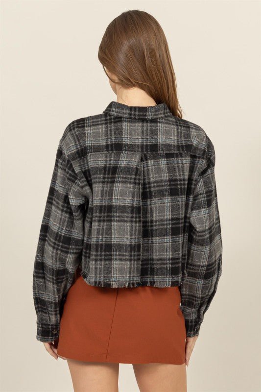 Plaid Play Cropped Shacket - Golden Hour BoutiqueLong Sleeve Crop Tops
