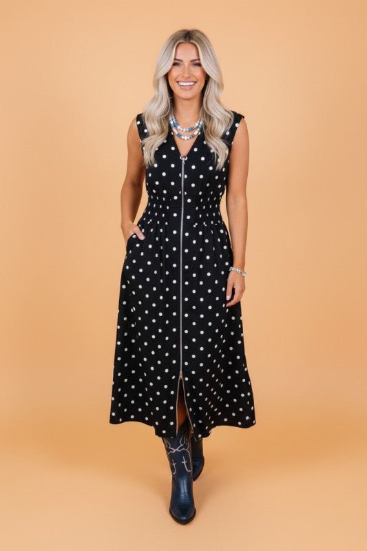Polka Dot Zip Up V - Neck Sleeveless Dress - Golden Hour Boutique
