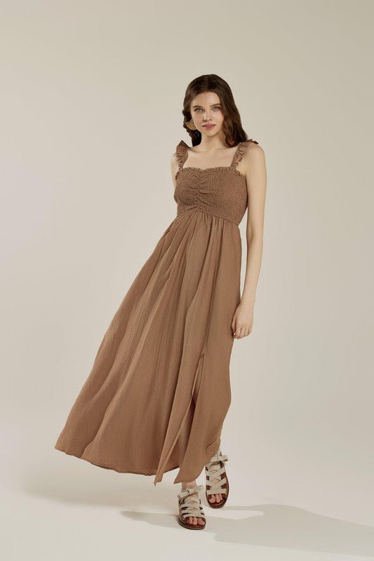 Ruffle straps Smocked top High Slit Dress - Golden Hour Boutique