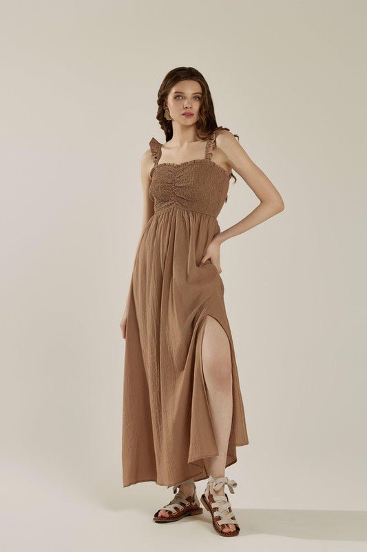 Ruffle straps Smocked top High Slit Dress - Golden Hour Boutique