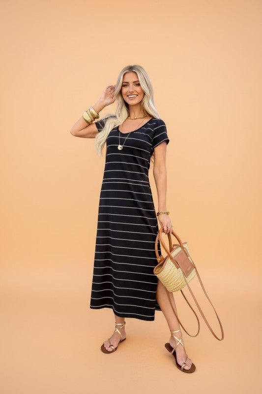 Stripe Short Sleeve Side Slit Maxi Dress - Golden Hour Boutique
