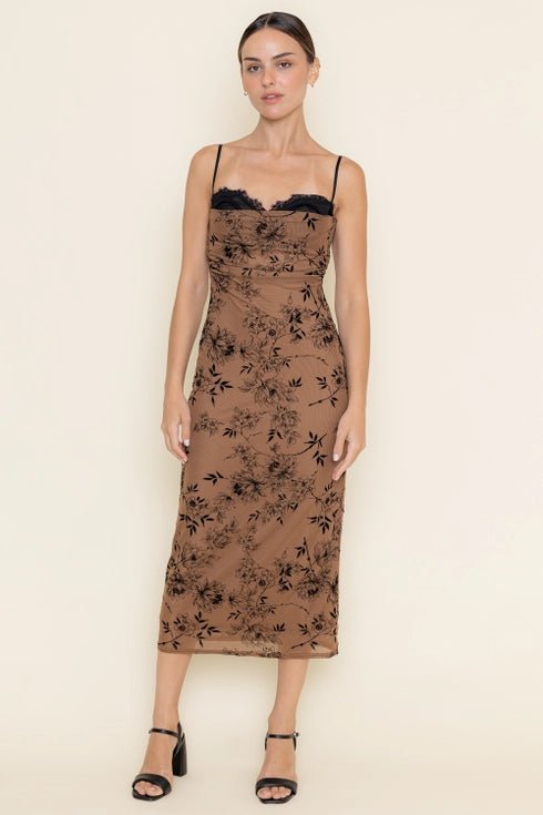 Velvet Floral Mesh Burn Out Dress - Golden Hour BoutiqueMidi Dresses