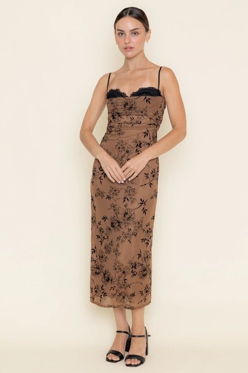 Velvet Floral Mesh Burn Out Dress - Golden Hour BoutiqueMidi Dresses
