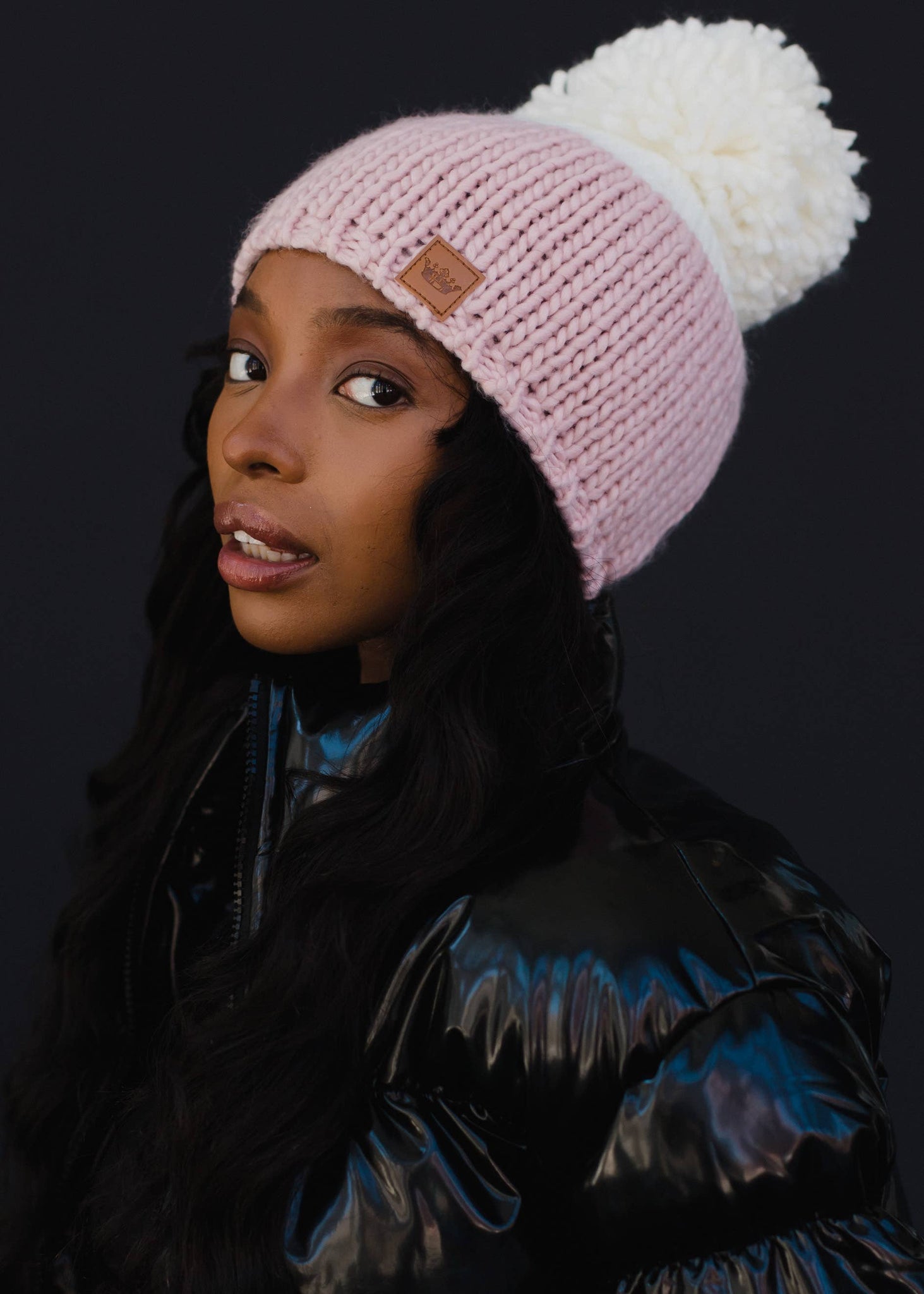 Pink & White Color Block Pom Beanie
