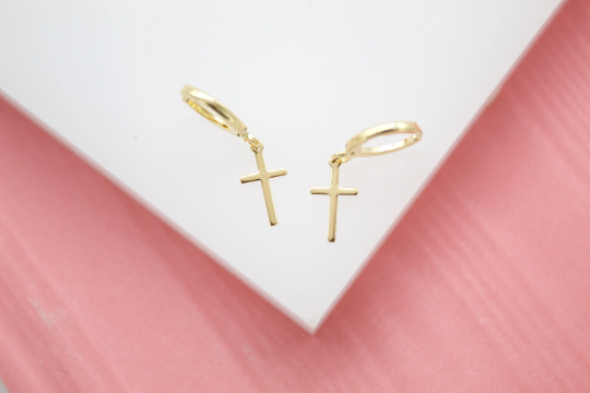 18K Gold Filled Tiny Simple Cross Huggie Earrings